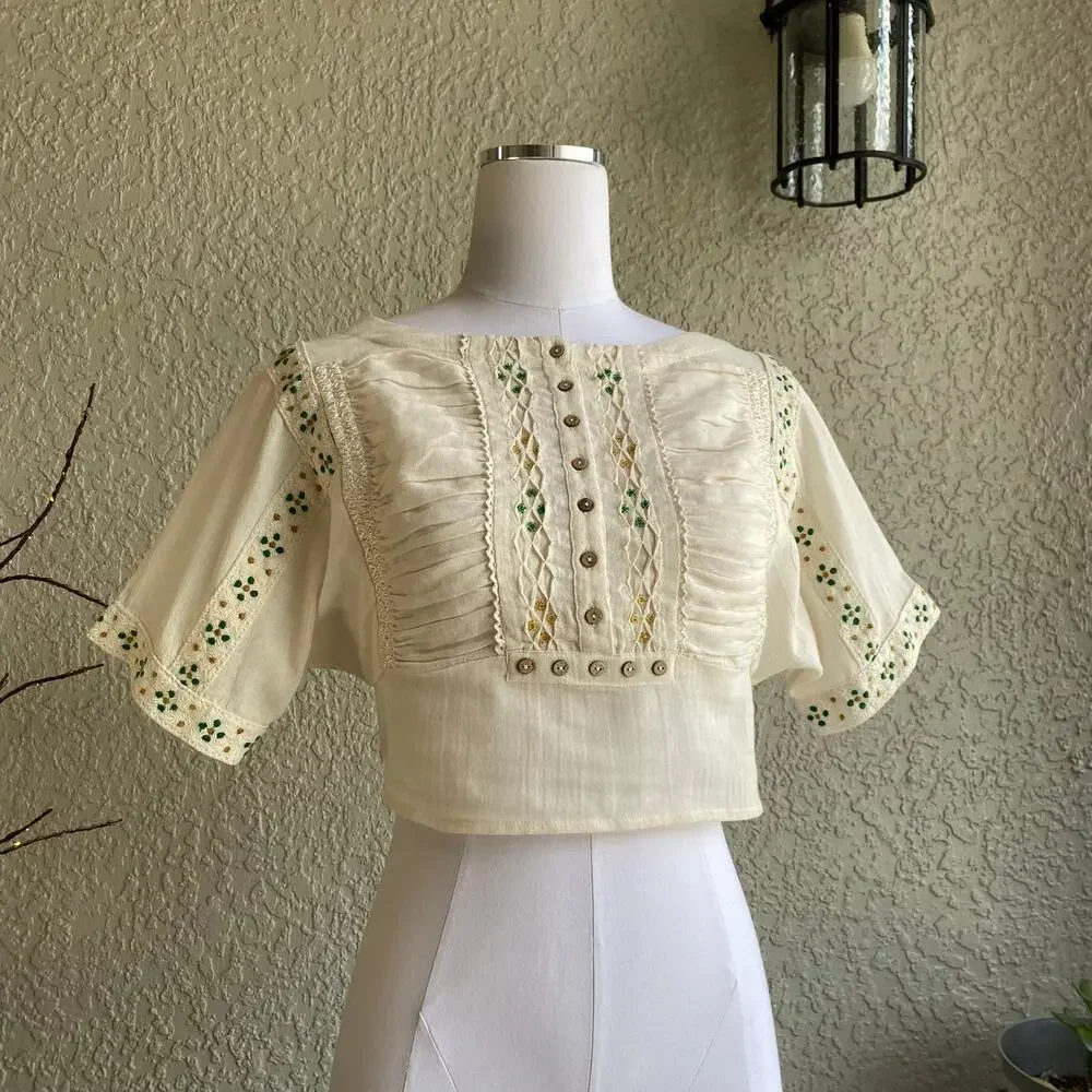 Free People Crop Blouse Button Front Flare Sleeve Ruched Back Boatneck Beige XS